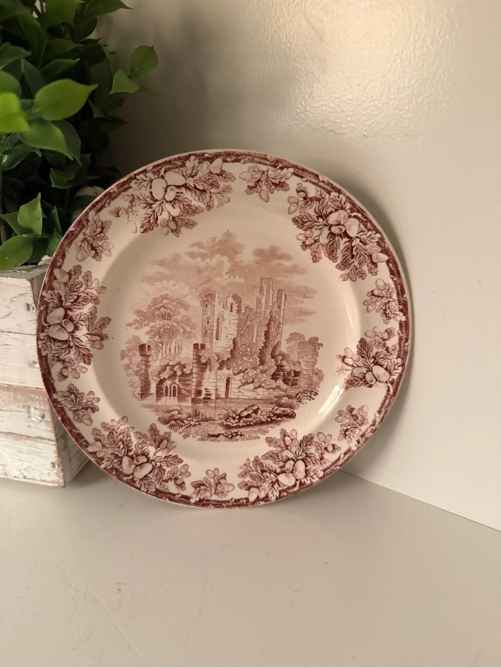 W.T. Copeland Brown Transferware Salad Plate Castle Ruins Oak Acorn Border